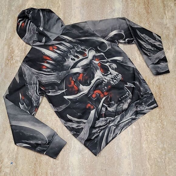 DEVIN DU - GRAPHIC PRINTED SKULL POLY HOODIE SIZE LARGE - Picture 5 of 7